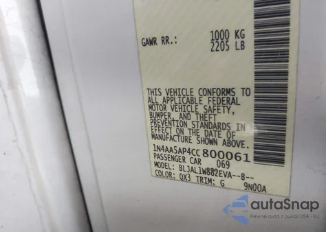 2012 Nissan Maxima 3.5 Sv z USA, uszkodzony, nr VIN 1N4AA5AP4CC800061